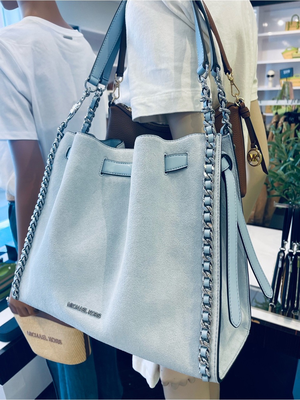 Michael Kors Mina Lg Suede Chain Shoulder Bag Pale Ocean Blue Leather NWT - Picture 5 of 16